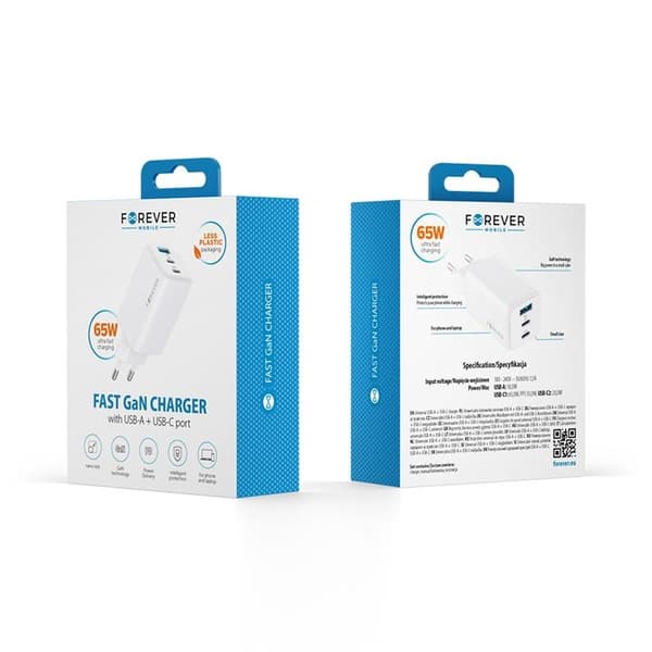 Forever Snabbladdare USB-A - 2x USB-C 65W GaN PD QC - Vit