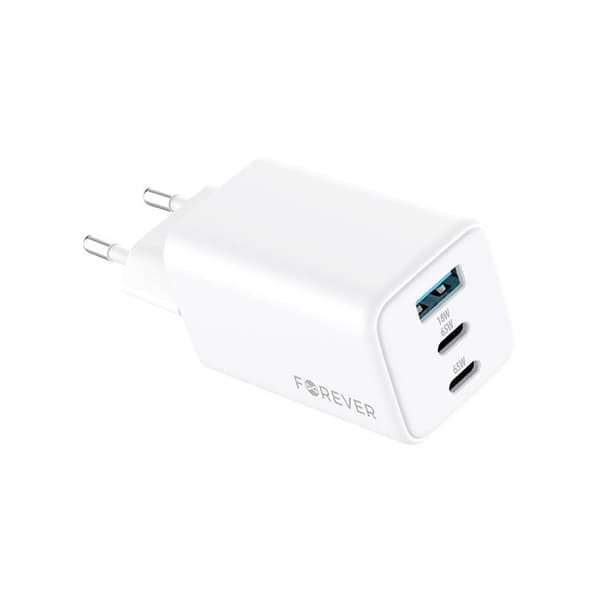 Forever Snabbladdare USB-A - 2x USB-C 65W GaN PD QC - Vit