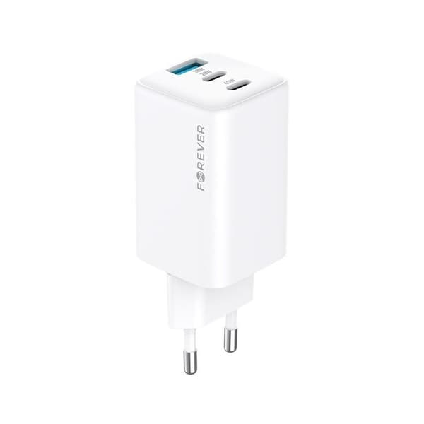 Forever Snabbladdare USB-A - 2x USB-C 65W GaN PD QC - Vit