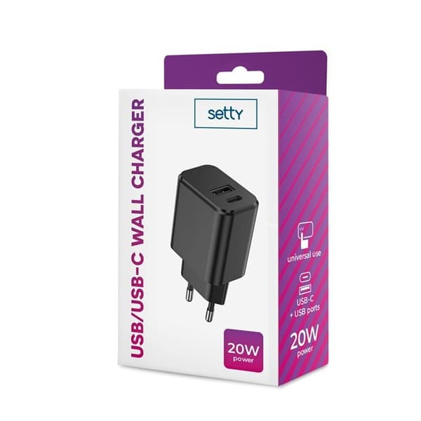 Setty Snabbladdare USB Till USB-C 20W 3A - Svart