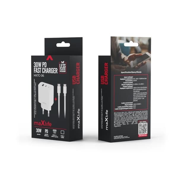 Maxlife Väggladdare USB/USB-C 30W med USB-C/USB-C Kabel PD QC