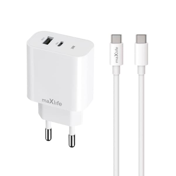 Maxlife Väggladdare USB/USB-C 30W med USB-C/USB-C Kabel PD QC