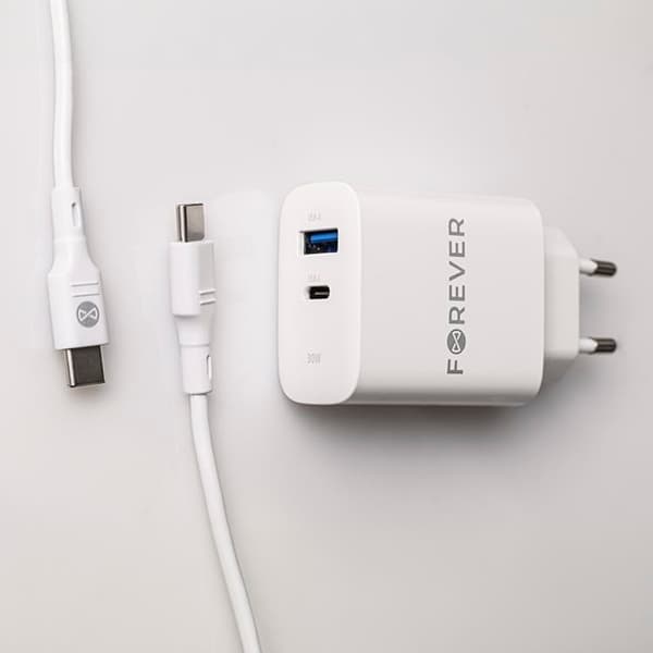 Forever Snabbladdare 30W USB/USB-C med Kabel 60W PD QC