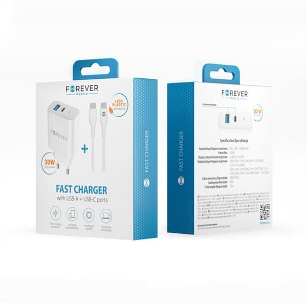 Forever Snabbladdare 30W USB/USB-C med Kabel 60W PD QC