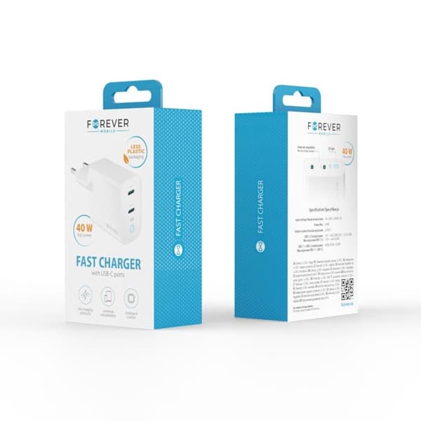 Forever Väggladdare 2x USB-C 40W GaN PD QC - Vit