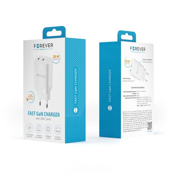 Forever Snabbladdare 35W 2x USB-C GaN PD QC TC-05-35CC - Vit