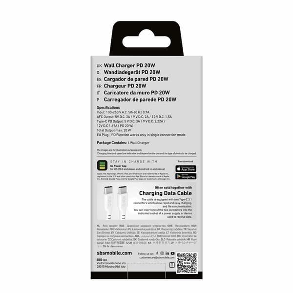 SBS Snabbladdare 20W USB-A USB-C med PD - Vit