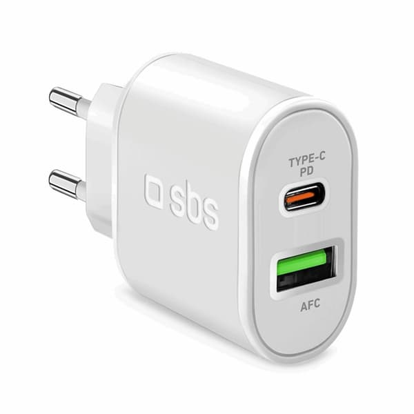 SBS Snabbladdare 20W USB-A USB-C med PD - Vit Vit
