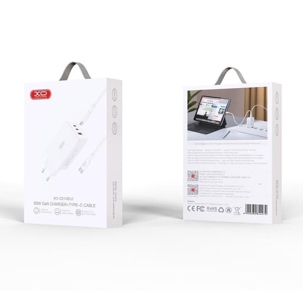 XO Väggladdare USB/2x USB-C 65W med USB-C/USB-C Kabel PD QC 3A