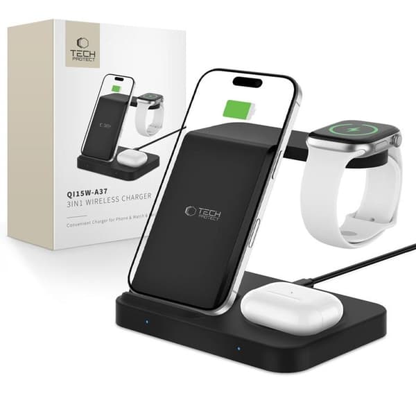 Tech-Protect 3in1 Qi 15W-A37 Trådlös Laddare För Android & Apple - Svart