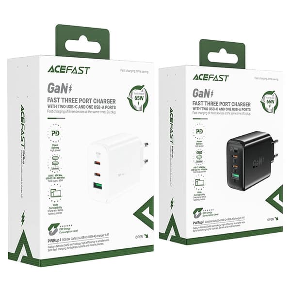 Acefast GaN Snabbladdare 2x USB-C USB-A QC4+ 65W - Vit