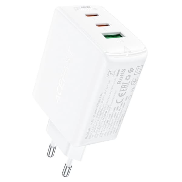 Acefast GaN Snabbladdare 2x USB-C USB-A QC4+ 65W - Vit