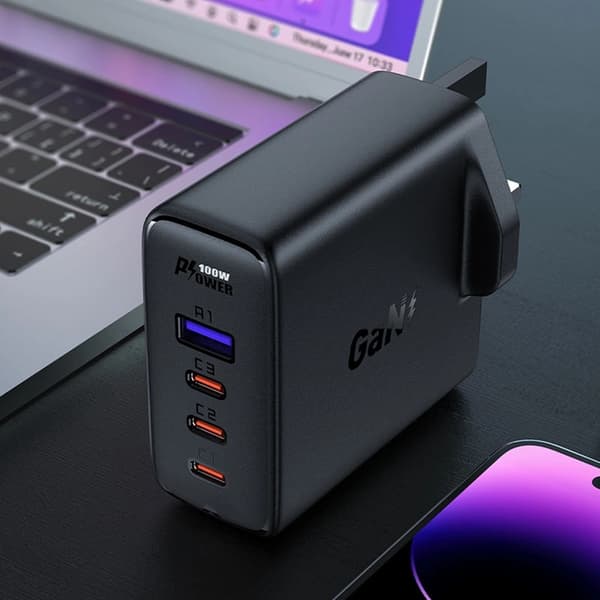 Acefast GaN Snabbladdare 3x USB-C 1x USB 100W UK - Svart