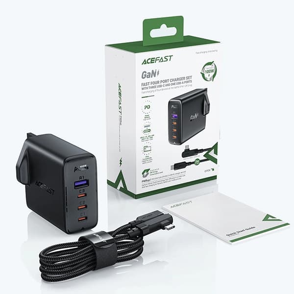 Acefast GaN Snabbladdare 3x USB-C 1x USB 100W UK - Svart