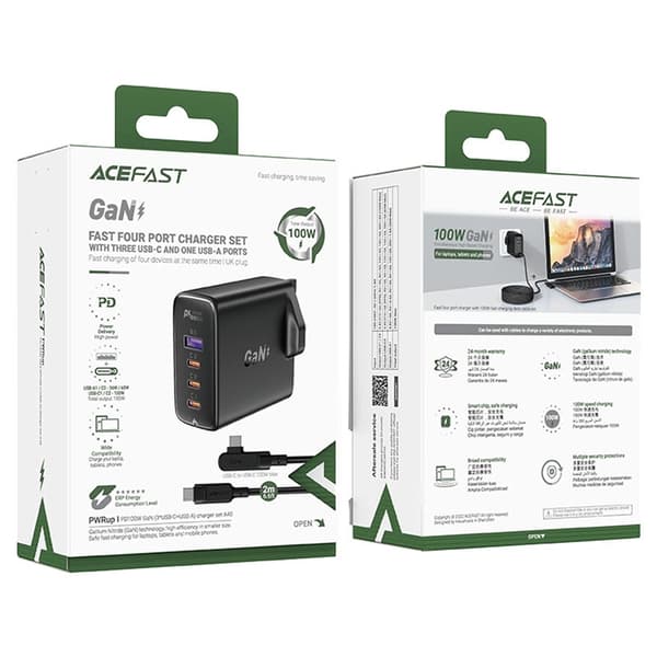 Acefast GaN Snabbladdare 3x USB-C 1x USB 100W UK - Svart