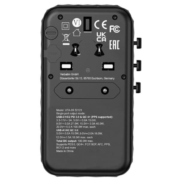 Verbatim Reseladdare GaN 100W PD 2xUSB-C 2xUSB-A EU/UK/US - Svart