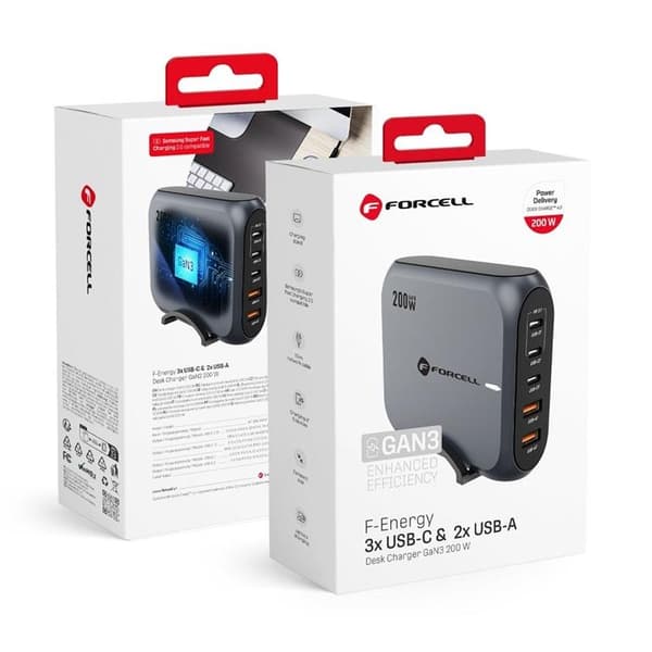 Forcell Snabbladdare 200W 3xUSB-C 2xUSB-A PD QC 4.0 GaN III SFC 2.0 5A
