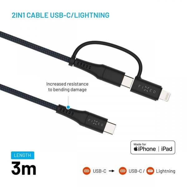 Fixed Kabel 2in1 USB-C/Lightning 60W 3m Svart