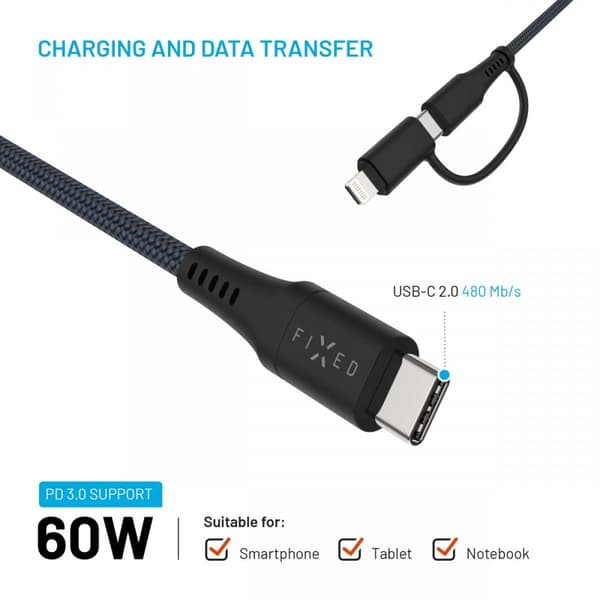 Fixed Kabel 2in1 USB-C/Lightning 60W 3m Svart