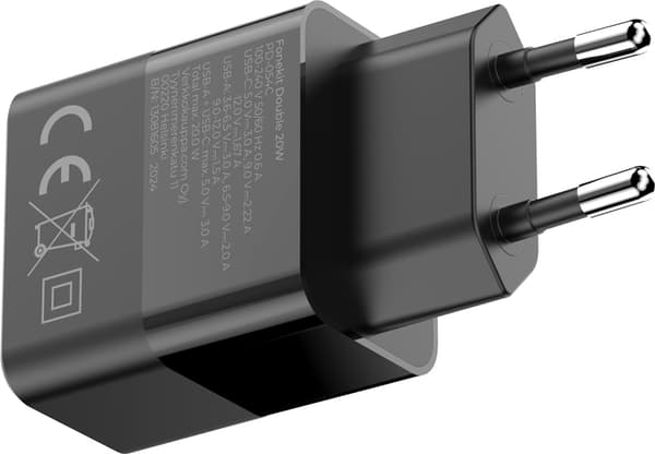 FoneKit Double 20W -laturi, USB-C + USB-A, musta