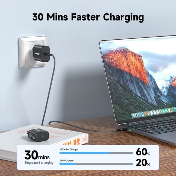 FoneKit GaN PD 65W AC-laddare, USB-C, svart