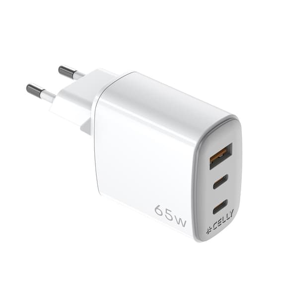 Celly 65W GaN Vegglader 2xUSB-C & USB-A Hvit
