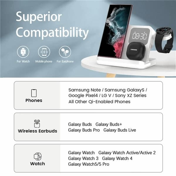 3-in-1 Trådlös Laddare 15W Samsung Galaxy - Buds - Watch - Vit