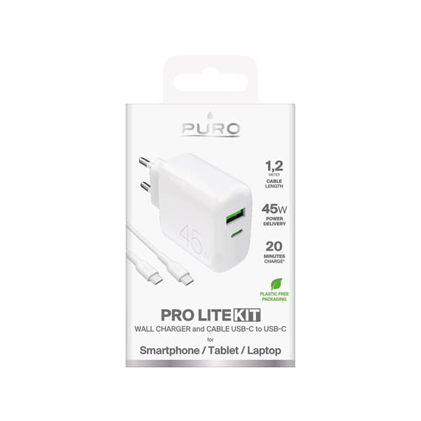 Puro Snabbladdare 45W USB-A/USB-C med USB-C Kabel PD - Vit