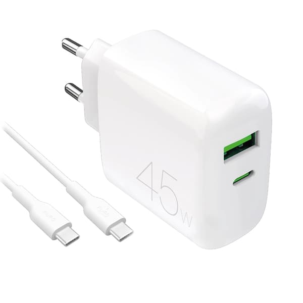 Puro Snabbladdare 45W USB-A/USB-C med USB-C Kabel PD - Vit Vit