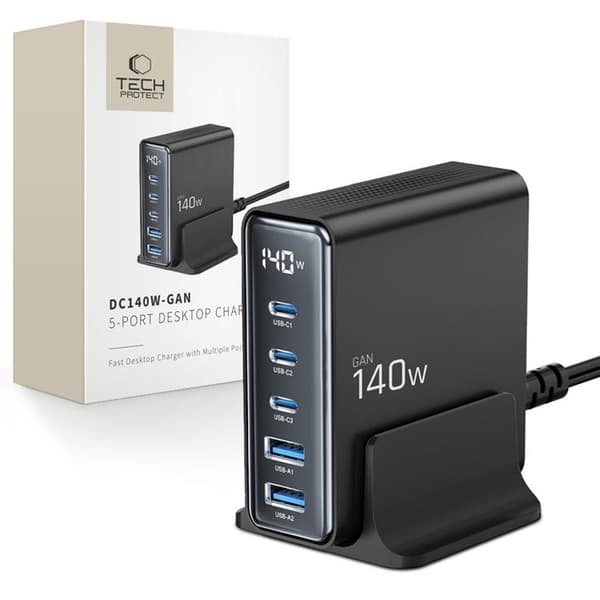 Tech-Protect 5-Port Skrivbord Laddare - Svart