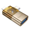 Miniatyrbild 1 av 5: Hoco 2-i-1 OTG Adapter USB-A Till Lightning/USB-C UA36E - Guld