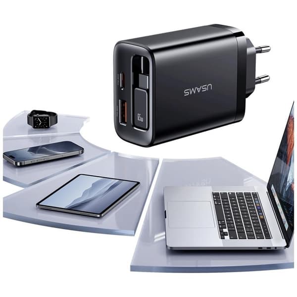 USAMS Snabbladdare 65W 1xUSB-C 1xUSB-A Med USB-C Kabel