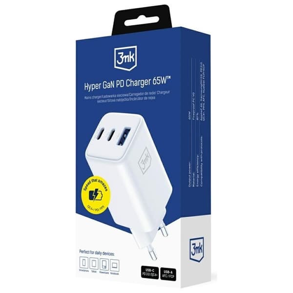 3MK Snabbladdare 65W 1xUSB-A 2xUSB-C PD QC4+ Hyper GaN