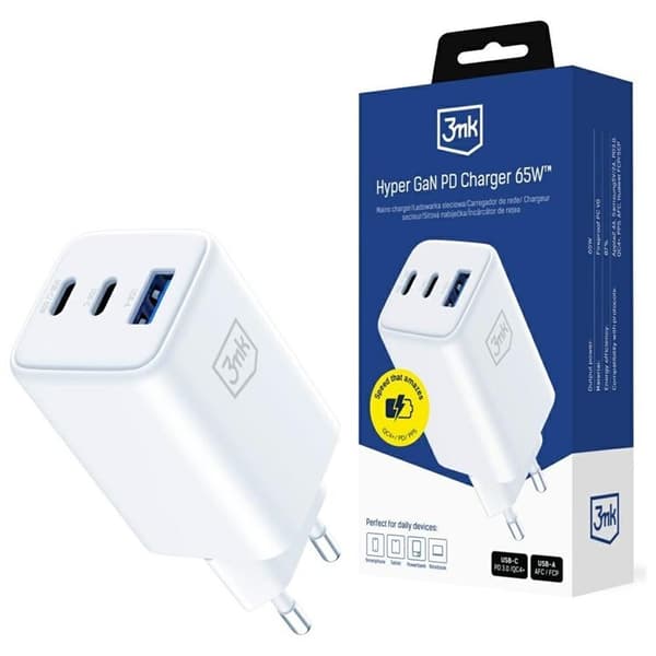 3MK Snabbladdare 65W 1xUSB-A 2xUSB-C PD QC4+ Hyper GaN