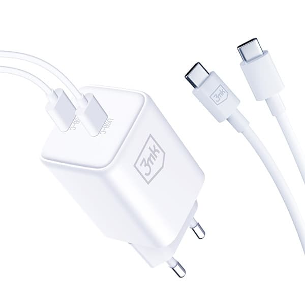 3MK Snabbladdare 45W 2xUSB-C med USB-C Kabel Hyper - Vit