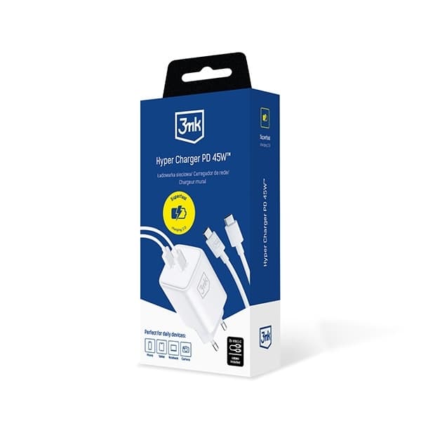 3MK Snabbladdare 45W 2xUSB-C med USB-C Kabel Hyper - Vit