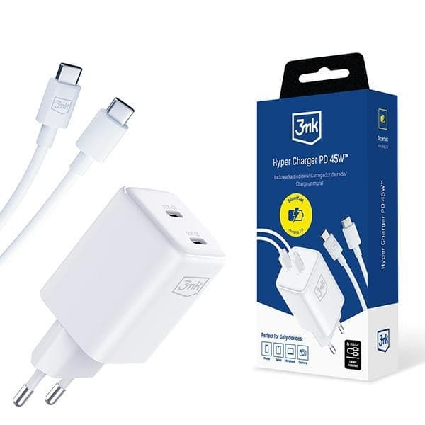 3MK Snabbladdare 45W 2xUSB-C med USB-C Kabel Hyper - Vit Vit