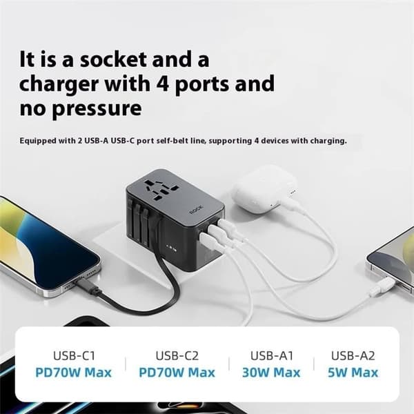 ROCK Reseadapter 70W 2xUSB-A 1xUSB-C GaN