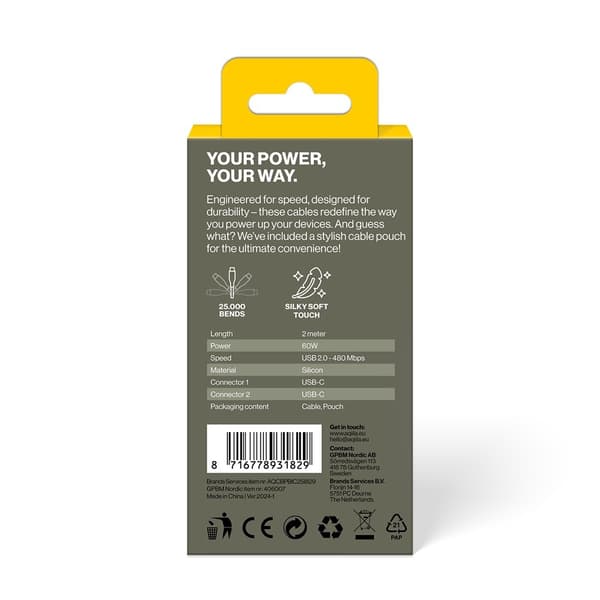 Aqiila Kabel Cablebird CS12 USB-C till USB-C 60W 2m Vit