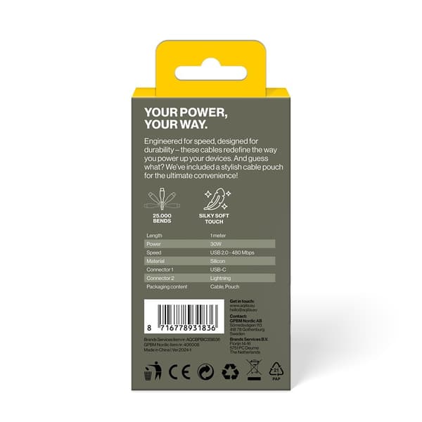 Aqiila Kabel Cablebird CS21 USB-C/Lightning 60W 1m Hvit