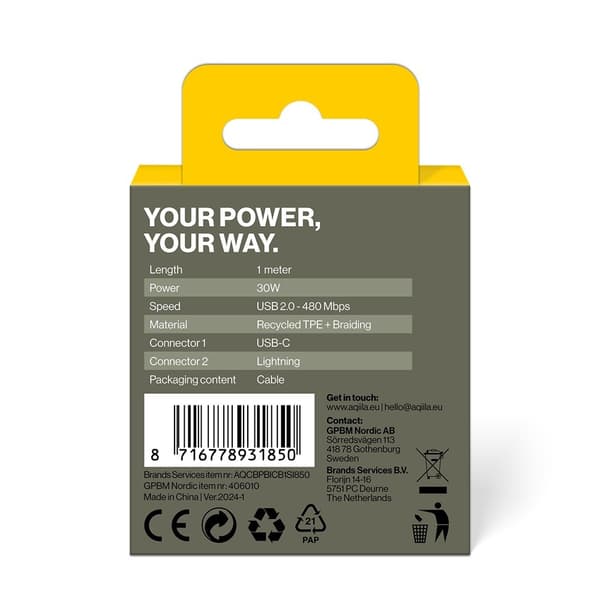 Aqiila Kabel Cablebird CB21 USB-C/Lightning 60W 1m Sort