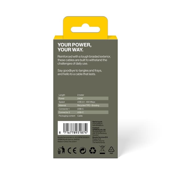 Aqiila Kabel Cablebird CB12 USB-C/USB-C 240W 2m Sort