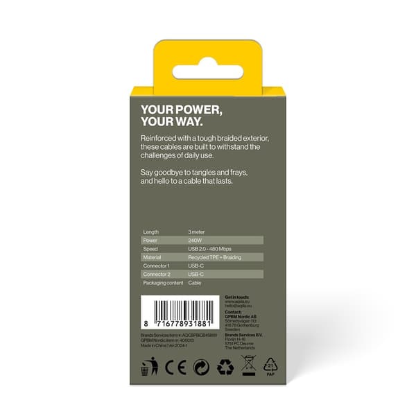 Aqiila Kaapeli Cablebird CB13 USB-C/USB-C 240W 3m Musta
