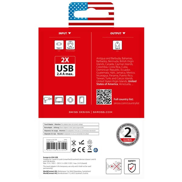 Rejseadapter Europa til USA etc. 2xUSB-A 12W Jordet
