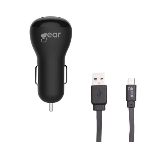 GEAR Lader 12-24V 2xUSB 2,4A Svart MicroUSB Kabel 1m