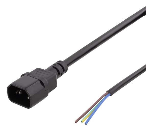C14 to open ended power cord, 2m, IEC C14, 10A, black