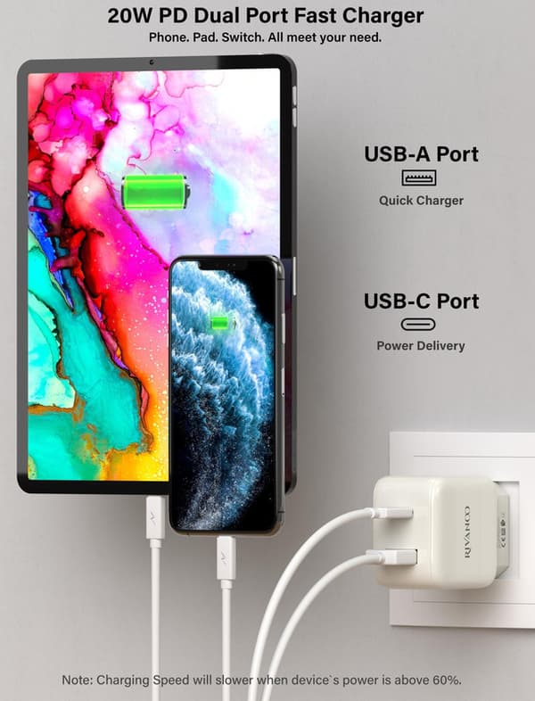 Snabb väggladdare - USB-C PD, USB-A - 20W med USB-A til Lightning kabel, 1m