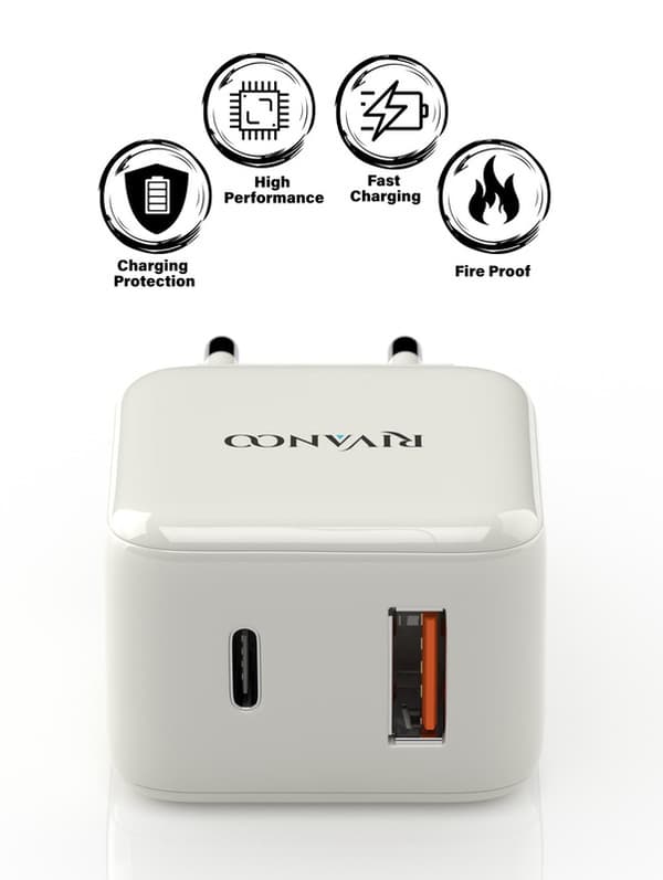 Snabb väggladdare - USB-C PD, USB-A - 20W med USB-A til Lightning kabel, 1m