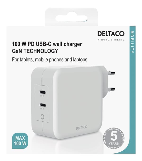 USB-C wall charger, GaN technology, 2x USB-C PD, total 100 W