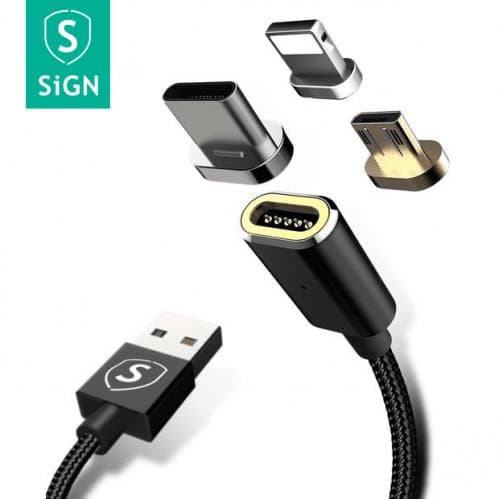 SiGN Magnetkabel 3-i-1 USB-C, Lightning, Micro-USB 2.4A 1 m - Svart SiGN Magnetkabel 3-i-1 USB-C, Lightning, Micro-USB 2.4A 1 m - Svart